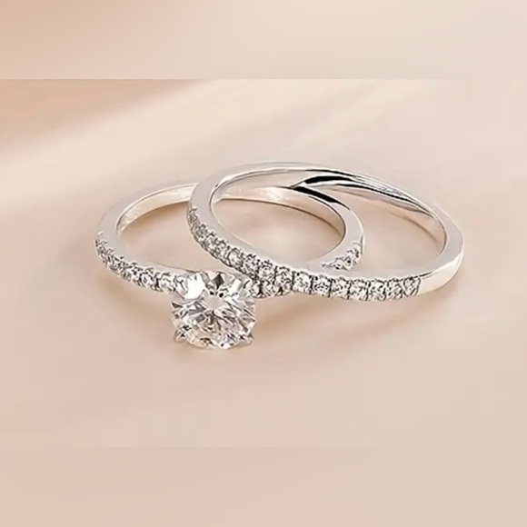1 carat 2 piece set Diamond Engagement Wedding Band Set 925 Sterling Silver - Picture 4 of 6